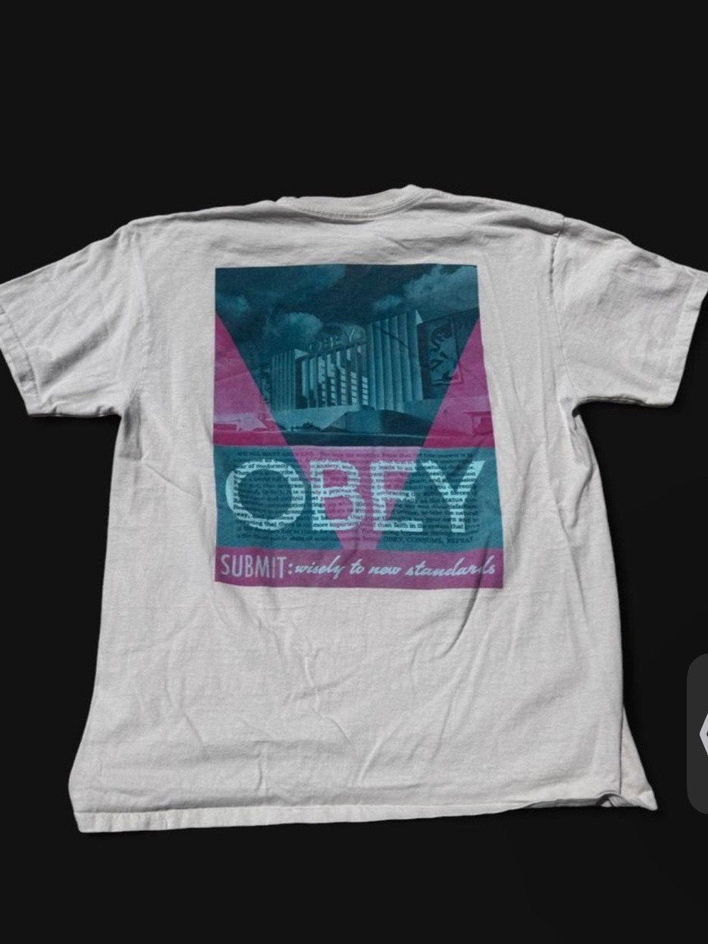 Obey White Tee with Teal and Pink Geometric Back Graphic